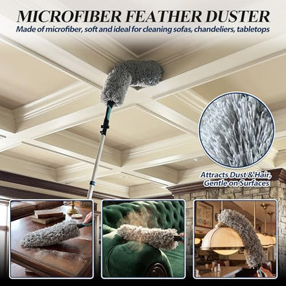 COVERONICS 25FT High Duster Cleaning Tools with 5-20FT Extension Poles - Reusable Fan Duster Cleaning Kits with Ceiling Fan Cleaner Duster, Window Squeegee, Microfiber Feather Duster & Cobweb Duster - size: 24FT