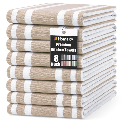 Homaxy Premium Kitchen Towels 18”x 28”, Large Cotton 380 GSM Kitchen Hand Towels, Stripe and Terry Dish Towel, Highly Absorbent Tea Towel Set with Hanging Loop, 8 Pack, Khaki - color: Khaki Stripe, style: 8-pack