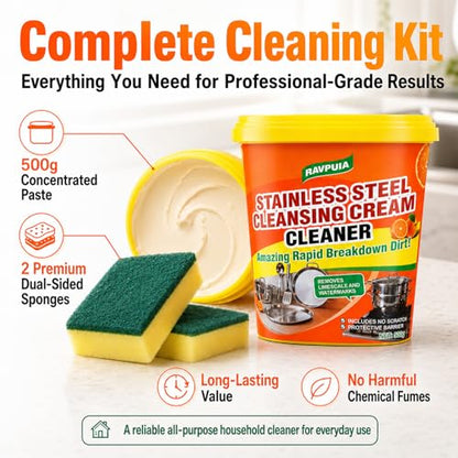 STAINLESS STEEL CLEANER & POLISH - Heavy Duty Cleaning Paste for Stove, Oven, Pans, Cookware, Sink | All Purpose Multi-Purpose Household Cleaner | Removes Grease & Stains | with 2 Sponges (500g)
