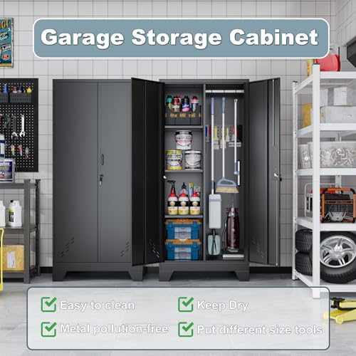 61" H Garage Cabinets, Metal Storage Cabinet with Lockable Doors and Pegboard, Utility Closet for Brooms and Mops, Tool Cabinets for Home Office Laundry Room Living Room - size: 61"Utility Cabinet