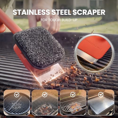 ThermoMaven BBQ Grill Brush Bristle Free - 17" Safe Steam Grill Cleaner Brush with Scraper and 5 Brush Heads for Porcelain/Gas/Charcoal Grill Outdoor Grill Barbecue Cleaner - size: Red 5pcs-Medium