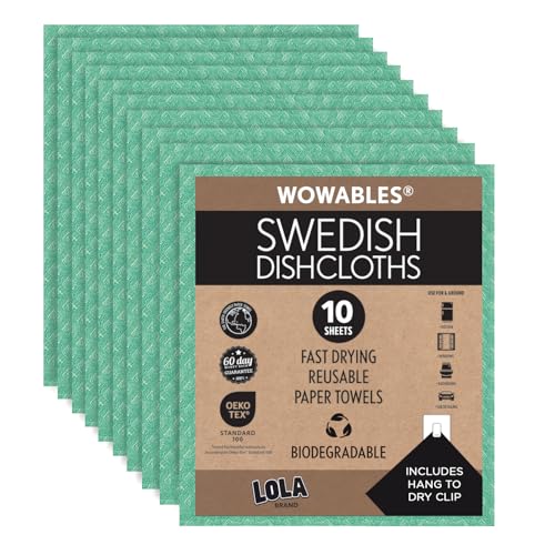 LOLA Swedish Dishcloths for Kitchen 10 Sheets, Biodegradable & Compostable Reusable Paper Towel Cleaning Cloths No Odor Washing Dishes Ultra Absorbent Cellulose Sponge Towel Made in Germany - color: Mint Green, size: 10 Sheets