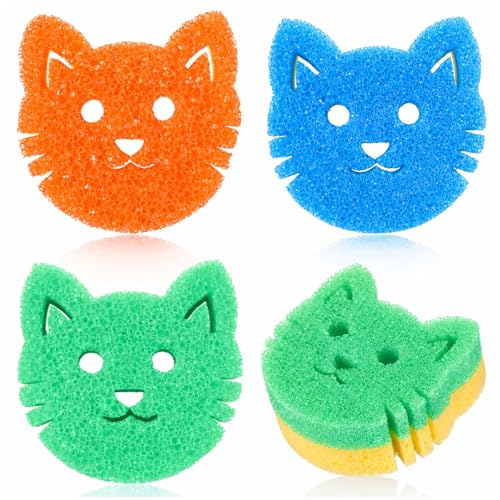 FillTouch 3 Pcs Dual Sided Scrub Sponge Multi Functional Cute Temperature Sensitive Non Scratch Dish Sponge for Washing Dishes Kitchen Bathroom (Cat,Green, Orange, Blue) - color: Green, Orange, Blue, style: Cat