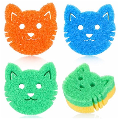 FillTouch 3 Pcs Dual Sided Scrub Sponge Multi Functional Cute Temperature Sensitive Non Scratch Dish Sponge for Washing Dishes Kitchen Bathroom (Cat,Green, Orange, Blue) - color: Green, Orange, Blue, style: Cat