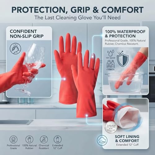 ForPro Natural Rubber Gloves, 6 Pairs Reusable Multi-Purpose Household Cleaning Gloves with Soft Inner Lining, Waterproof & Chemical-Resistant, Wild Cherry, X-Large - color: Wild Cherry, size: X-Large