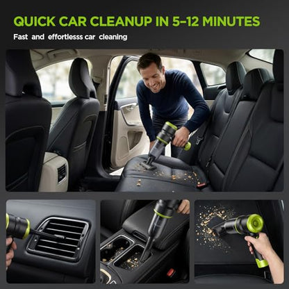 Handheld Car Vacuum Cleaner, 4-in-1 Cordless Rechargeable Mini Vacuum with Air Duster – Quickly Clean Crumbs, Pet Hair & Crevices in Car, Office, Home. Ideal for Commuters & Office Workers (Green)
