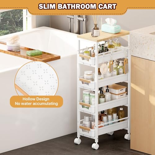 SUNALLY Slim Storage Cart with Pull-Out Baskets, 5-Tier Rolling Kitchen Cart with Wooden Top & Lockable Wheels, Narrow Space Utility Cart Organizer for Kitchen, Bathroom, Laundry Room, White - color: White