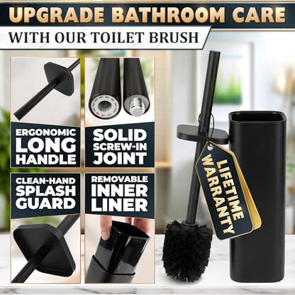 Black Toilet Brush with Square Stainless Steel Holder - Freestanding Toilet Brush and Holder Set Black - Removable Plastic Inner Cup, Splash Guard Cover, Replaceable Head, Corrosion Resistant Finish - color: Black Rounded Square