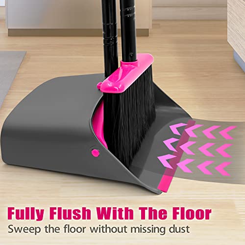 JEHONN Broom with Dustpan Combo Set, Long Handle Lightweight Indoor Broom Set, Upright Standing Dust Pan with Comb Teeth Store Sweep Set for Home Room Kitchen Office Lobby (Rose Red) - color: Rose Red