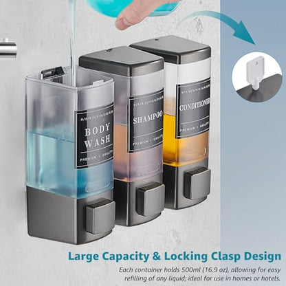 Shampoo and Conditioner Dispenser for Shower,3 Chamber, Grey | Wall Mounted, No Drill, 3×16.9oz,ABS Plastic Material,Refillable With Labels, For Bathroom Hotel - color: Gray