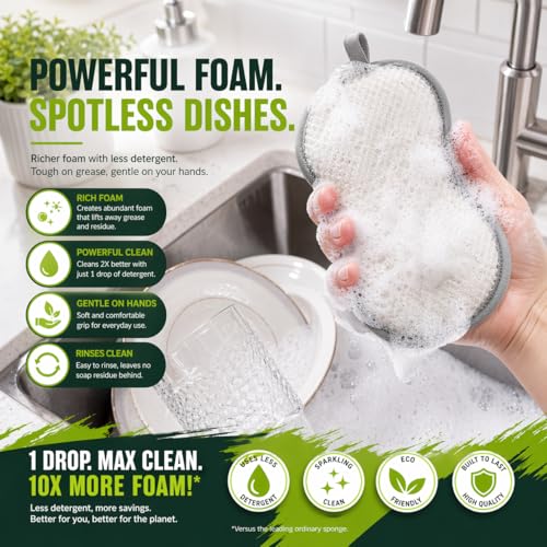 Sponges Kitchen Dish Dual-Sided Sponge for Washing Dishes Cleaning Kitchen, All-Purpose, 6 Pack, Non Scratch, Rough Scrubbers Side for Non-Stick Cookware, Soft Microfiber Scrub Side for Dishes