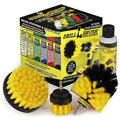 Drillbrush Heavy Duty Grout Cleaner Drill Brush Attachment Set With Drilltergent All Purpose Cleaner - Drill Powered Spin Brush For Cleaning Bathroom Surfaces Like Tile, Grout, Showers, Tubs, and More
