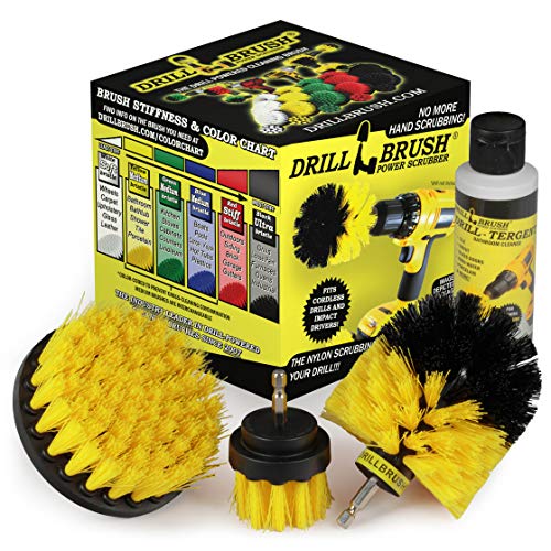 Drillbrush Heavy Duty Grout Cleaner Drill Brush Attachment Set With Drilltergent All Purpose Cleaner - Drill Powered Spin Brush For Cleaning Bathroom Surfaces Like Tile, Grout, Showers, Tubs, and More