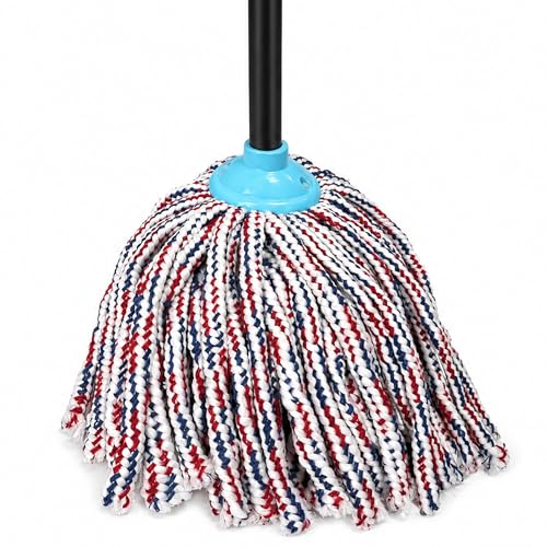 Indoor Cotton Mops for Floor Cleaning, 52" Long Handle Cotton Mop, Cleaning Mops for Tiles and Hardwood Floor, Household Mop for Kitchen, Bathroom, Garage, Tile & Hardwood Floors（Red Blue White）