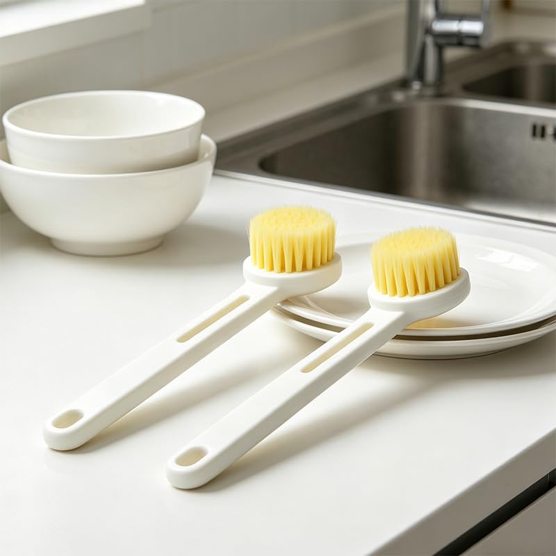 2 Pack Dish Brush with Handle, Stiff Bristles Dish Scrubber, Labor-Saving Kitchen Brush for Dishes, Pots, Pans and Sink Cleaning(White) - color: White