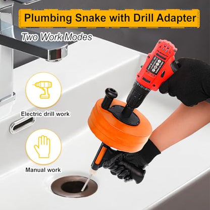 Drain Auger 50FT, Drain Snake with Drill Adapter, Plumbing Snake Clog Remover Use Manually or Powered for Kitchen, Bathtub and Shower Drains