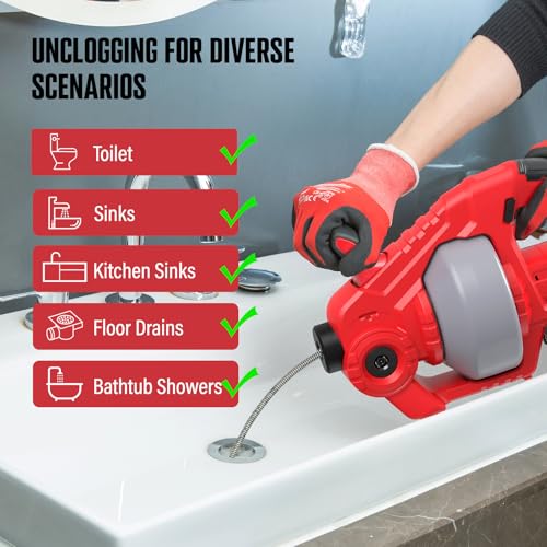 POPULO 20V Cordless Electric Drain Snake, 25Ft Replaceable Cable with 2.0Ah Battery, Extension Tube & Charger, Snake Drain Clog Remover Tool for Toilet, Floor Drain, Sink and Shower 3/4"-2" Pipe - style: 25ft Toilet - Red