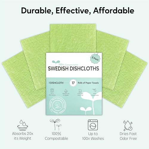 Swedish Dishcloths for Kitchen, 5 Pack Swedish Dish Cloths, Ultra Absorbent Reusable Paper Towels, Cellulose Sponge Cloths, Quick Drying, No Odor, Dishwasher Safe Green - color: Green
