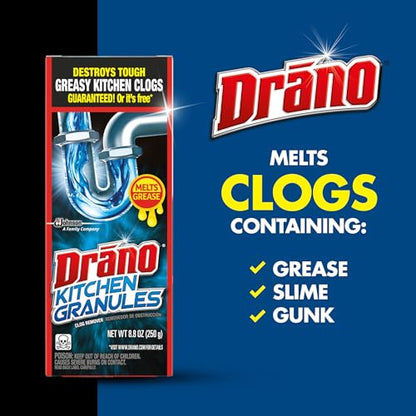 Drano Kitchen Granules Drain Clog Remover and Cleaner, Unclogs blockage from Grease or Cooking Oil, 8.8 oz - size: 8.8 Oz (Pack of 1)