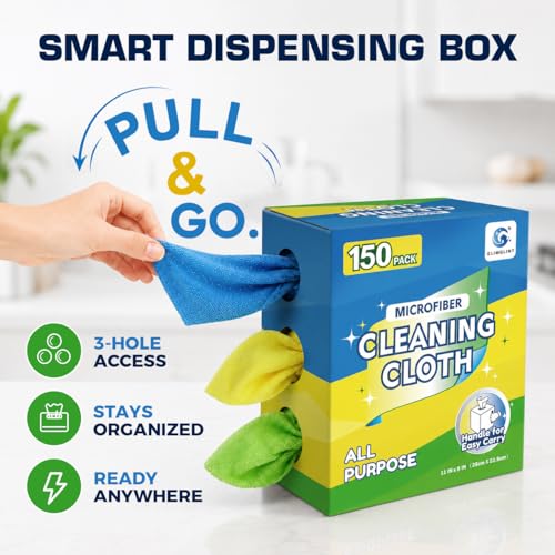 GLIMGLINT Microfiber Cleaning Cloth, 150 Pack Reusable Lint-Free Towels - Blue, Yellow & Green Soft Microfiber Towels for Home, Kitchen, Bathroom, Glass & Tables - 11"x9" Washable Shop Rags - color: Blue/Yellow/Green