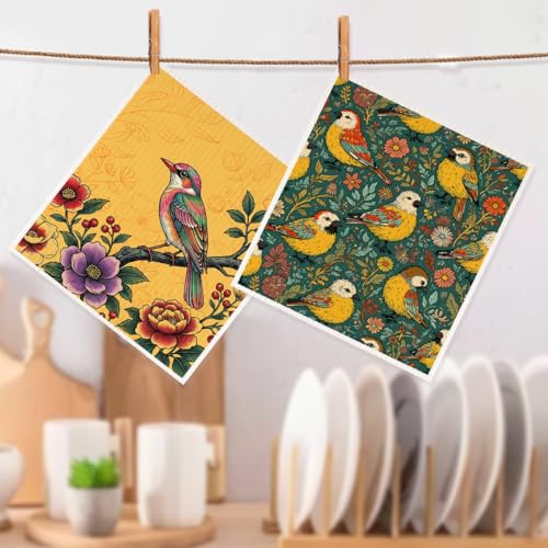 2 Pcs Colorful Songbird Garden Swedish Dishcloths for Kitchen, Absorbent Paper Towels with Bird Prints, Washable Cellulose Kitchen Towels for Cleaning & Wiping Surfaces, Gifts for Women Mom - color: Sz 1393