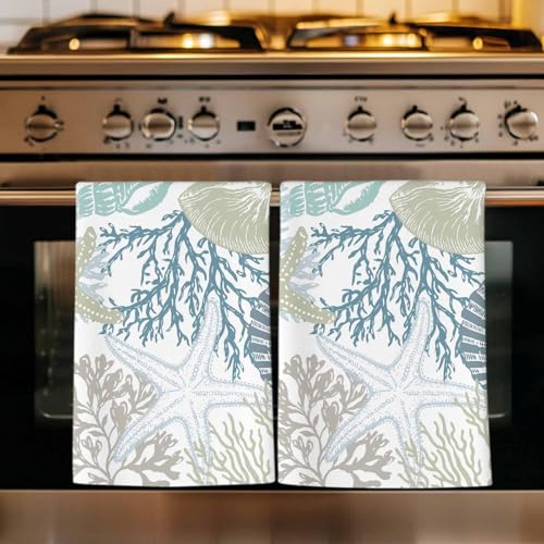 Blue Coral Coastal Kitchen Towels Set of 3, Ultra Absorbent Dish Towels Quick Drying Microfiber Hand Towel Decorative Summer Beach Ocean Starfish Conch Tea Towel Dishcloths for Kitchen 18"x28" - color: Haze Blue, Grayish Green, size: 3 Pack