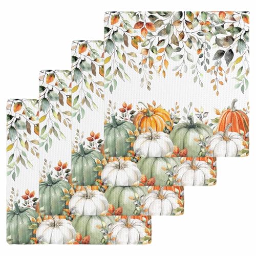 Fall Thanksgiving Pumpkin Eucalyptus Dish Towels Set,Waffle Weave Kitchen Towels 4 Pieces,Sage Green Orange White Microfiber Hair Bath Tea Towel Absorbent Quick Drying Cleaning Dish Cloths,12"x12" - color: Sage Green Pumpkin Orange White, size: 4PCS,12"x1