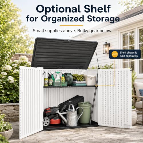 ADDOK 38 Cu.Ft Outdoor Storage Shed with Floor,Large Waterproof Resin Storage Cabinet with Lift-Up Lid,Double Doors and Lockable Design for Lawn Mower,Garden Tools, Patio,Backyard and Pool Supplies - size: Off-White 38 Cu.Ft