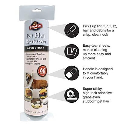 Spotty Supersize Extra Sticky, Adhesive Lint Roller Refill, Pet Cat & Dog Hair Remover for Clothes and Furniture, 60 Sheet ct (Pack of 6) - size: (Pack of 6)