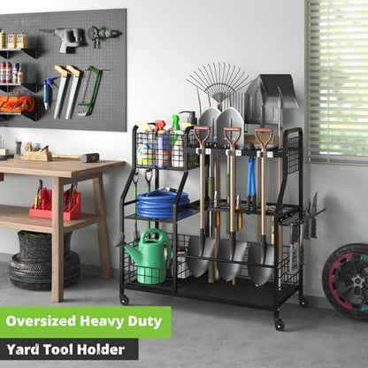 keomaisyto Garden Tool Organizer with Heavy Duty Wheels for Garage - with 2 Baskets, Large Yard Tool Organizer and Storage Holder, Utility Garden Tool Rack for/Shed/Garage/Yard/Basement/Lawn - size: Extra Extra Large-with Industrial Wheels