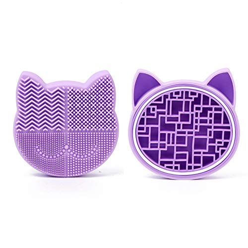Silicon Makeup Brush Cleaner Mat with Brush Drying Holder Brush Portable Cat Shaped Cosmetic Brush Cleaner Pad cleaning mat manual make up brush cleaner cleanser machine(New Lavender) - color: New Lavender