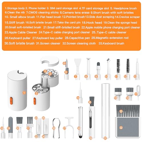 GK GAMAKAY Keyboard Cleaning Kit, 33-in-1 Multifunctional Magnetism Rotating Cleaning Kit, Portable Electronics Brush Tool for iPad iPhone Pro Tablet PC Camera Lens Earbuds Monitor (White) - color: White
