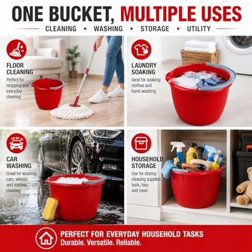 Large 10-Qt Easy Pour Pail with Comfort Grip Handle, Heavy Duty Utility Bucket for Cleaning, Washing, Storage & Household Use, Red