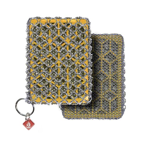 Knapp Made Premium Cast Iron Cleaner, 2-in-1 Combo Chainmail Scrubber with Silicone Core, Heavy Duty & Fine Mesh Rings for Cookware, Skillets and Pots, Premium Cast Iron Cleaner – Mustard Yellow - color: Spicy Mustard Yellow