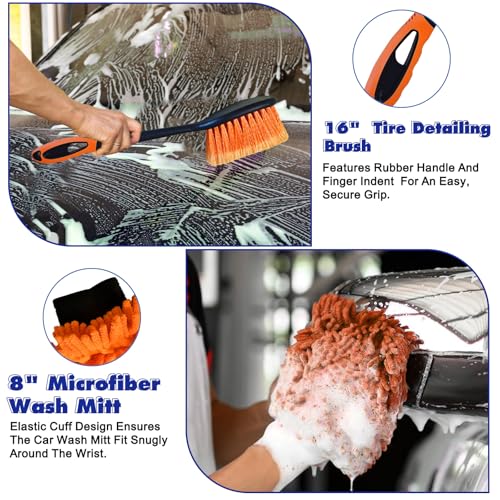 26Ft Reach Car Wash Kit with 5-20FT Telescopic Extension Pole, Car Wash Brush with Long Handle, Wheel Tire Brush, Car Wash Mop, Mitt, Squeegee for Cleaning Car, SUV, RV, Boats, Solar Panels