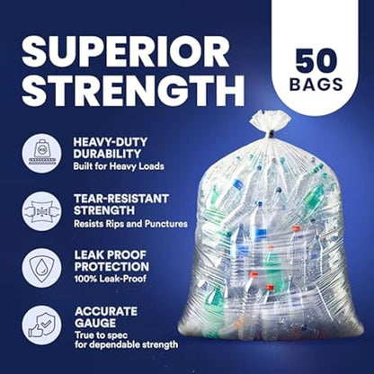 Plasticplace - W55LDC2 55-60 gallon Trash Bags │ 2 Mil │ Clear Heavy Duty Garbage Can Liners │ 38” x 58” 1 Count (Pack of 50)