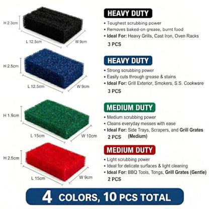Grill Cleaning Kit, 10 PCS Bristle-Free Griddle Scrubber Pads with Reusable Handle, 4 Cleaning Levels for Blackstone, Grill Grates, Cast Iron, Smoker & Oven Racks