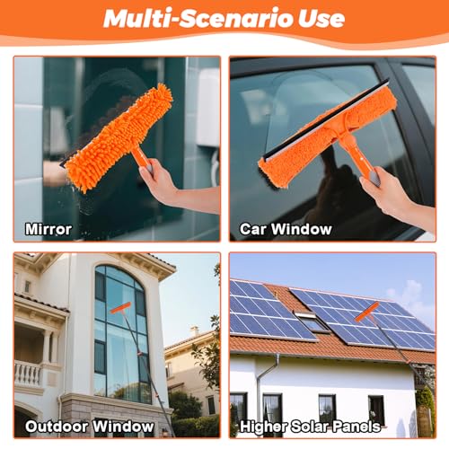 Window Washing Kit with Extension Pole 4.7 to 24FT, Long Squeegee for Window Cleaning Indoor Outdoor, Carbon Fiber Telescopic Pole for Window Cleaner Tool with Microfibre Pad & Chenille Cloth - size: 24 FT