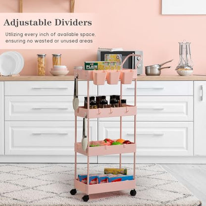 Danpinera 4-Tier Pink Slim Storage Cart, Narrow Laundry Cart with Wheels, Dividers, Hanging Cups, Hooks, Easy Assembly - style: 4 Tier Pink
