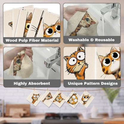 5 Pcs Cartoon Cute Peeking Kitten Swedish Dishcloths, Kitty Swedish Dishcloth, Funny Cat Dish Cloths for Drying Dishes, Reusable Cleaning Cloths, Cat Lover Gifts for Women 2 - color: Lm 03433