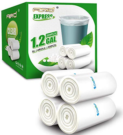FORID Clear Small Trash Bags, 1.2 Gallon Garbage Bags, Wastebasket Bin Liners 220 Count Plastic Trash Bags for Bathroom Bedroom Office Garbage Can 5 Liters - Durable & Thick Trash Bag - size: 220 Count (Pack of 1), style: Clear 1.2 Gal