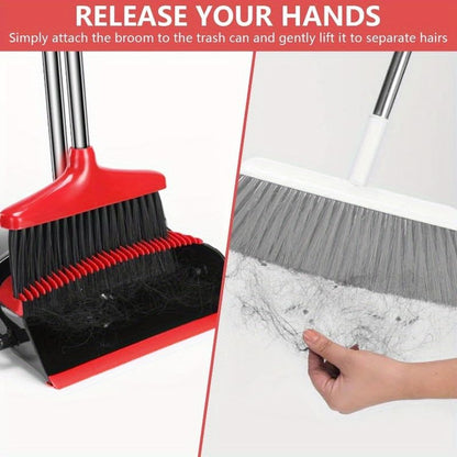 Broom with Dustpan Combo Set, 43” Long Handle Broom and Dustpan Set, Upright Standing Dust Pan for Home and Kitchen, Brooms for Sweeping Indoor（Black&Red）