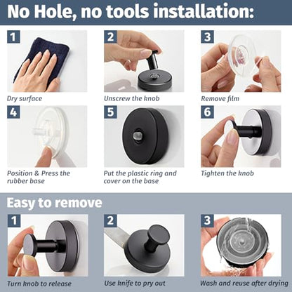 Rise age Suction Cup Shower Hooks, Suction Towel Hooks for Bathrooms | Waterproof, No Drill, Heavy Duty, Stainless Steel, Removable, Renter Friendly, Easy to Install, Black 4 Pcs - color: Black