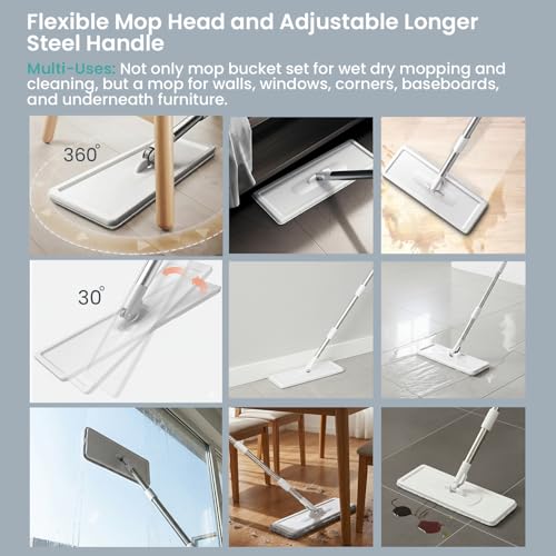 VIMALIFE Mop and Bucket Set with Wringer, Self Cleaning Flat Mop and Bucket System, 2 Parts Bucket Wash & Dry System, 360° Rotating, 3 Microfiber Pads Included Ideal for Homes, Floor & Wall Ceilings
