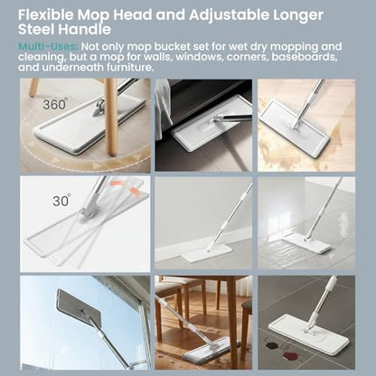 VIMALIFE Mop and Bucket Set with Wringer, Self Cleaning Flat Mop and Bucket System, 2 Parts Bucket Wash & Dry System, 360° Rotating, 3 Microfiber Pads Included Ideal for Homes, Floor & Wall Ceilings
