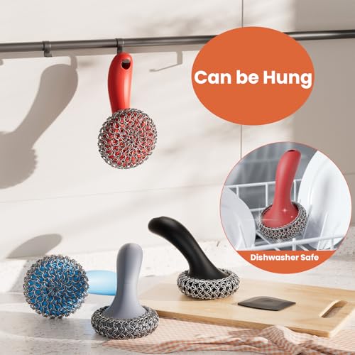 Cast Iron Scrubber with Long Handle | 316 Cast Iron Cleaner Chainmail Scrubber for Cast Iron Pan Skillet Cleaner - Dish Scouring Pad Dishwasher Safe Cleaning Kit (Red, 1 Scrubber + 1 Scraper) - color: Red, 1 Scrubber + 1 Scraper