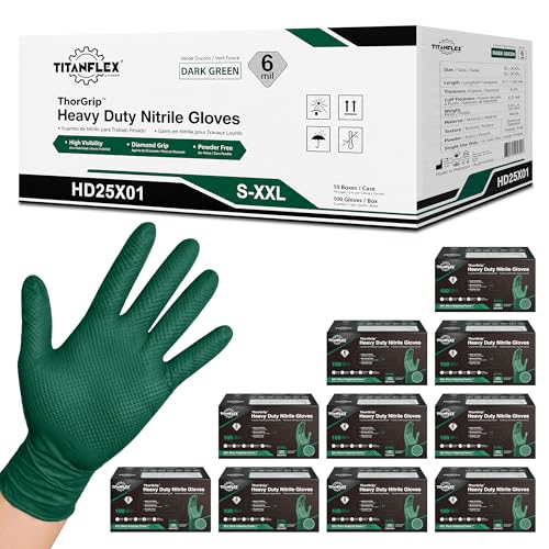TitanFlex Heavy Duty Industrial Nitrile Gloves with Raised Diamond Texture, 6-mil, Latex Free (Dark Green/Yellow) - color: 03 Dark Green (1000ct), size: Small