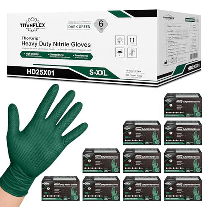 TitanFlex Heavy Duty Industrial Nitrile Gloves with Raised Diamond Texture, 6-mil, Latex Free (Dark Green/Yellow) - color: 03 Dark Green (1000ct), size: X-Large