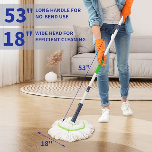 BOOMJOY Twist Mop with Self-Wringing System for Floor Cleaning, Scouring Pad for Stubborn Stains, 53" Long Handle – Ideal for Kitchen, Bathroom & Home Use – Perfect for Pet Owners