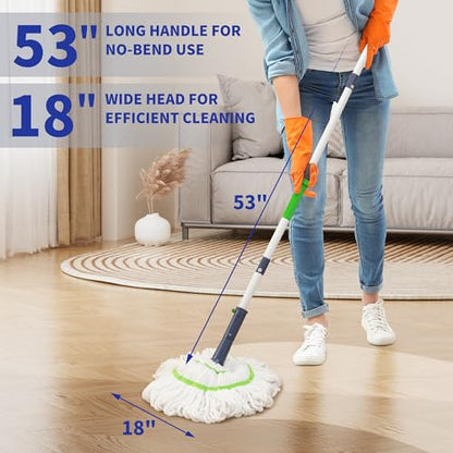BOOMJOY Twist Mop with Self-Wringing System for Floor Cleaning, Scouring Pad for Stubborn Stains, 53" Long Handle – Ideal for Kitchen, Bathroom & Home Use – Perfect for Pet Owners